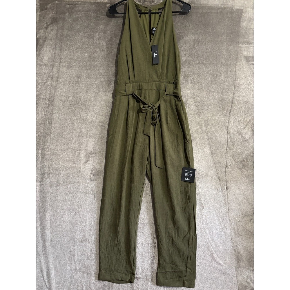 Lulus In the City Surplice Jumpsuit Womens Medium Olive Green Lined Sleeveless - Picture 5 of 16